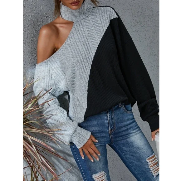 Colorblock Grey and Black Long Sleeve Tee Shirt Rib Knit Cut Out One Shoulder - Picture 6 of 9